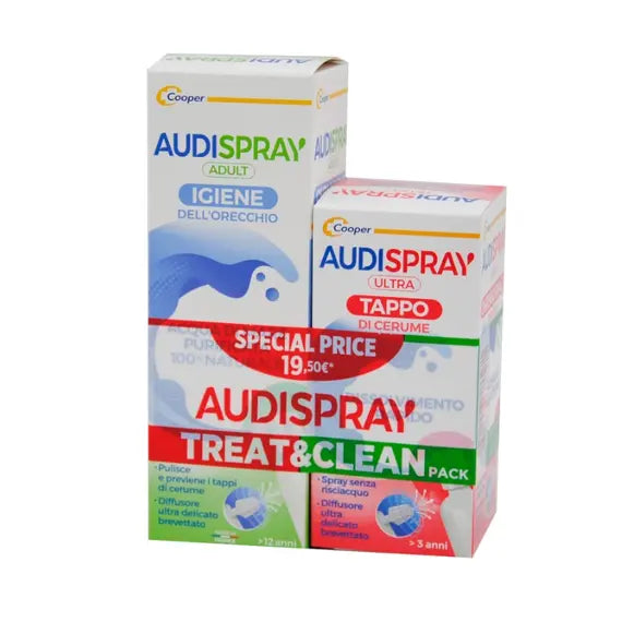 Audispray Treat & Clean Pack Spray Igiene Orecchio 50 Ml + Spray Dissolvi Tappo Cerume 20 Ml | Acquista Online su Farmaclick