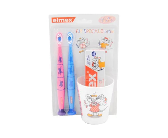 Elmex Spezial-Set für Kinder 2 Zahnbürsten 3 - 6 Jahre + 1 Zahnpasta 50 ml + 1 Gratis-Becher