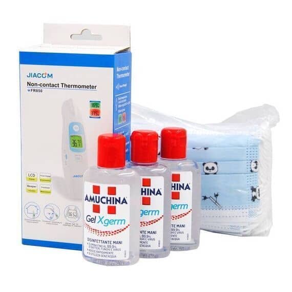 Kit Protettivo Bambino Mascherine Protettive Azzurre per Bambino 50 Pz + Amuchina Gel Mani Igienizzante 80 Ml 3 Pz + Termoscanner Jiacom Termometro Scanner Senza Contatto 1 Pz | Acquista Online su Farmaclick