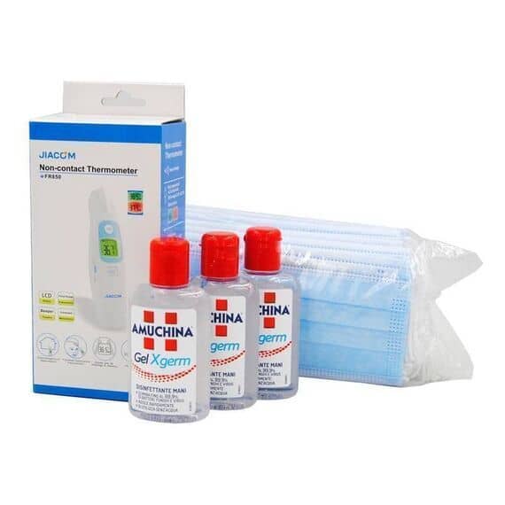 Kit Protettivo 2 per Adulti Mascherine Protettive 50 Pz + 3 Pz Amuchina Gel Mani Igienizzante 80 Ml + 1 Pz Termoscanner Jiacom Termometro Scanner Senza Contatto | Acquista Online su Farmaclick