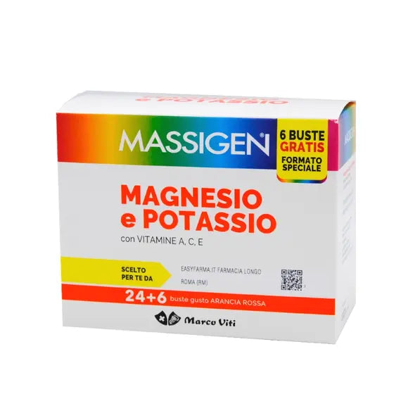 Massigen Magnesio e Potassio Integratore Alimentare Multivitaminico 24 + 6 Bustine Omaggio Gusto Arancia Rossa | Acquista Online su Farmaclick