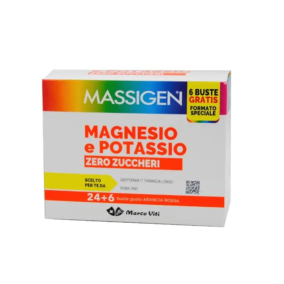 Massigen Magnesio e Potassio Zero Zuccheri Integratore Alimentare Multivitaminico 24 + 6 Bustine Omaggio Gusto Arancia Rossa | Acquista Online su Farmaclick