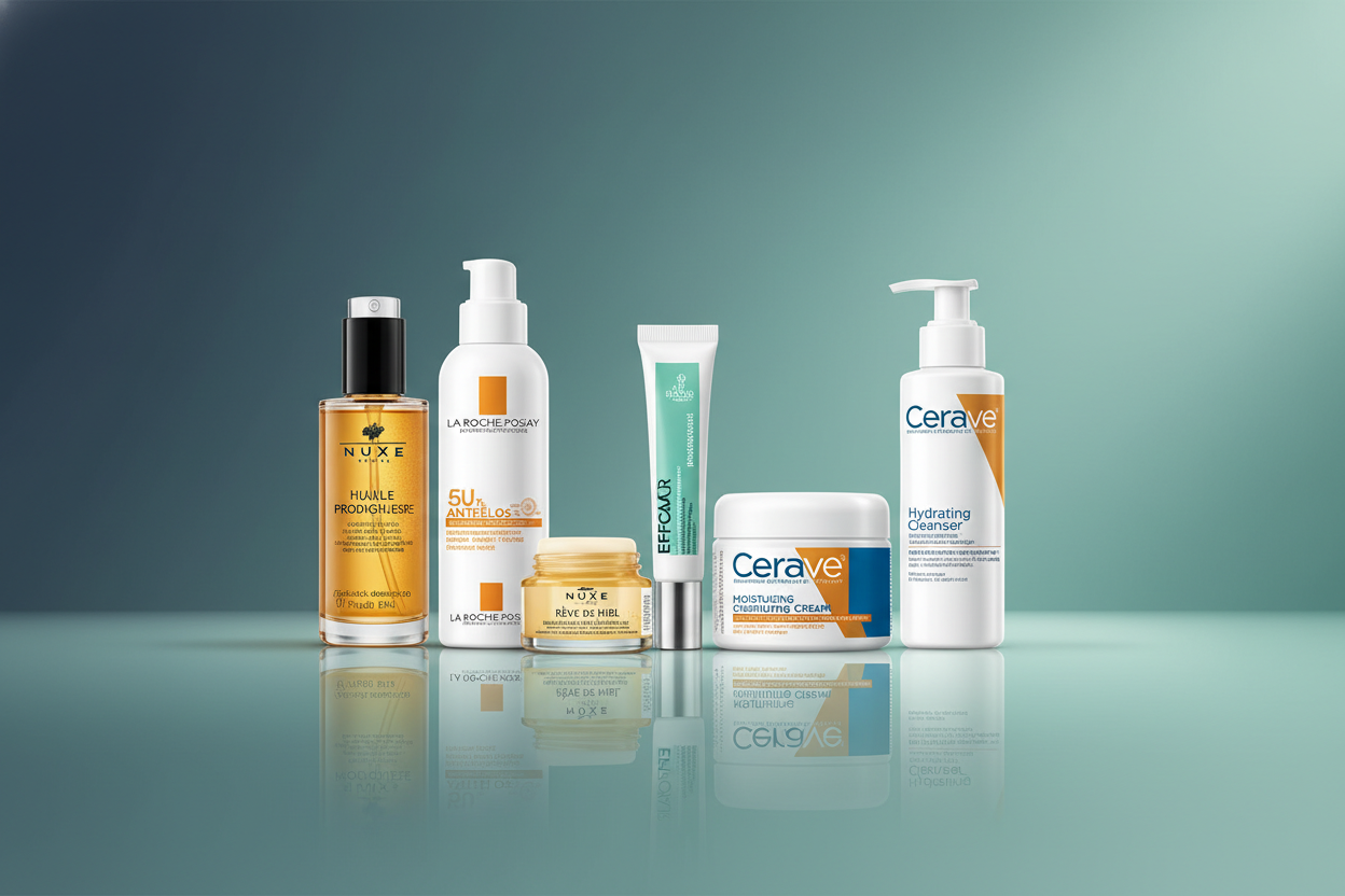 crea un banner utilizzando i colori #283C4F e 5CA79E  No testi. Metti qualche immagine di prodotti per Parafarmacia Online (marchi Nuxe oppure La Roche Posay, oppure Cerave) usa immagini vere. Aspetto moderno, pulito, chiaro