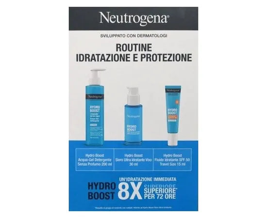 Neutrogena Routine Idratazione e Protezione Hydro Boost Acqua gel Detergente 200 ml Siero Ultra idratante 30 ml Fluido Idratante SPF 50 15 ml