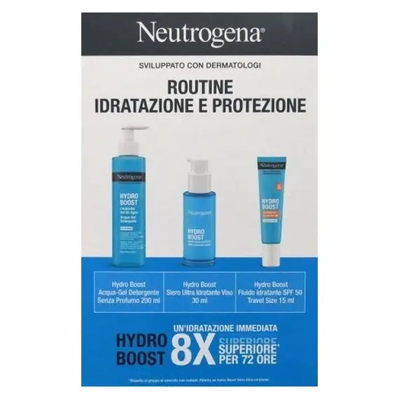 Neutrogena Routine Idratazione e Protezione Hydro Boost Acqua Gel Detergente 200 Ml Siero Ultra Idratante 30 Ml Fluido Idratante Spf 50 15 Ml | Acquista Online su Farmaclick