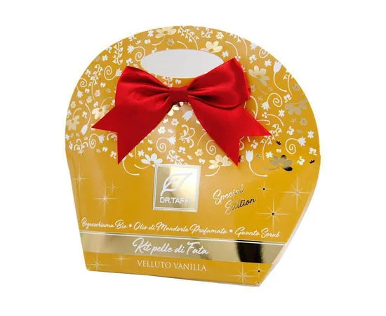 Dr Taffi Kit Pelle Di Fata Velluto Vanilla Schönheitsritual Bio-Duschgel 250 ml + Mandelöl 50 ml + Peeling-Handschuh