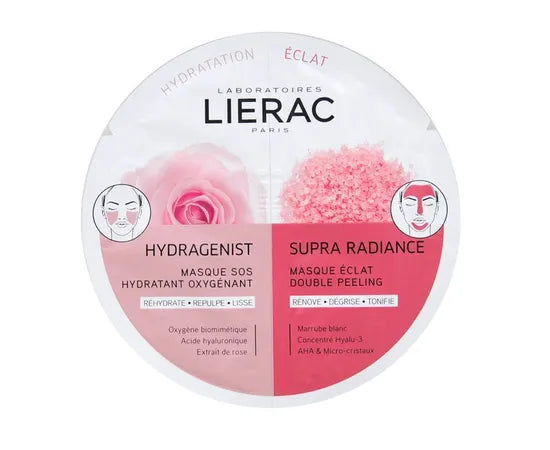 Lierac Maschera Hydragenist x Supra Radiance Duo SOS Feuchtigkeitsspendende Sauerstoffmaske – Ausstrahlung Peeling Doppelte Wirkung 2x6ml