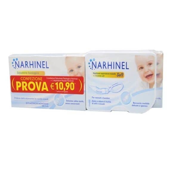 Narhinel Confezione Prova 3 Confezioni di Soluzione Fisiologica 20 Flaconcini da 5 Ml + 1 Aspiratore Nasale Soft con 2 Ricambi | Acquista Online su Farmaclick