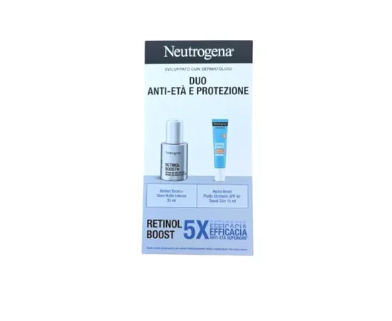 Neutrogena Duo Anti età e Protezione Retinol Boost 5X  Retinol Boost +siero notte intenso da 30 ml e Hydro Boost Fluido Idratante SPF 50 Travel Size da 15 ml
