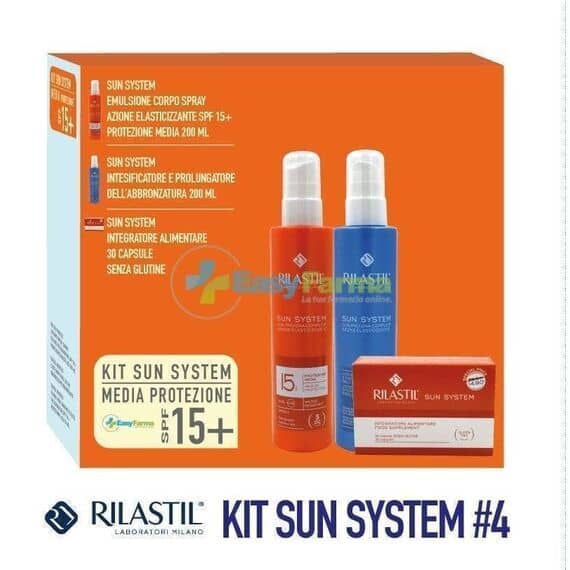 Rilastil Kit Sun System Protezione Media Spf 15 + Spray Azione Elasticizzante 200 Ml + Integratore Alimentare 30 Capsule + Intensificatore Dell'abbronzatura 200 Ml | Acquista Online su Farmaclick