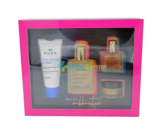 Nuxe Emblematique Geschenkset Feuchtigkeitscreme 48H 30 ml Trockenöl Multifunktion 30 ml Goldenes Trockenöl Multifunktion 10 ml Lippenbalsam 15 g